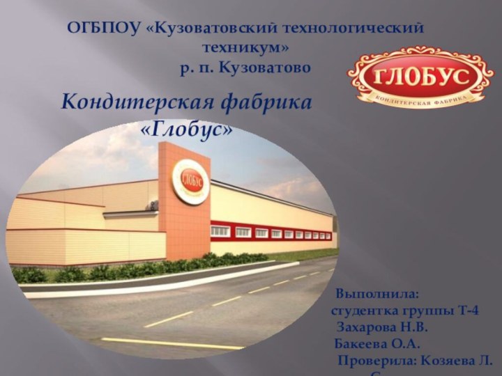ОГБПОУ «Кузоватовский технологический техникум» р. п. КузоватовоКондитерская фабрика «Глобус»Выполнила: