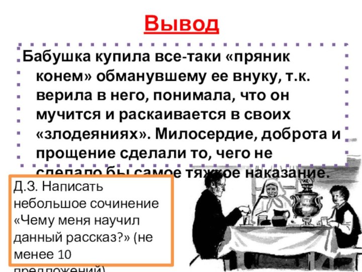 ВыводБабушка купила все-таки «пряник конем» обманувшему ее внуку, т.к. верила в него,