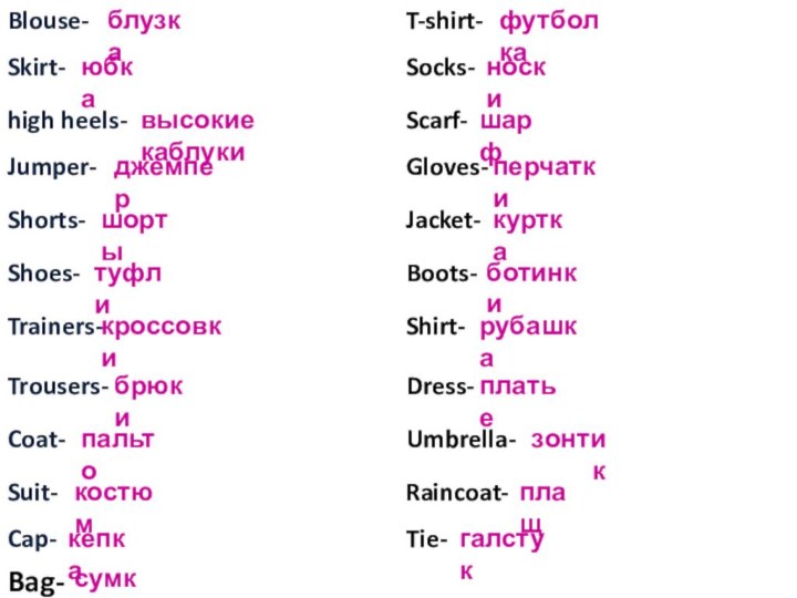 Blouse-Skirt-high heels-Shorts-Shoes-Coat-Cap-T-shirt-Socks-Scarf-Gloves-Jacket-Boots-Trousers-Shirt-Tie-Umbrella-Raincoat-Jumper-Suit-Dress-Bag-Trainers-блузкаюбкавысокие каблукиджемпершортытуфликроссовкибрюкипальтокостюмкепкафутболканоскишарфперчаткикурткаботинкирубашкаплатьезонтикплащгалстуксумка