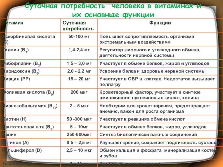 Суточная потребность человека в витаминах и их основные функции