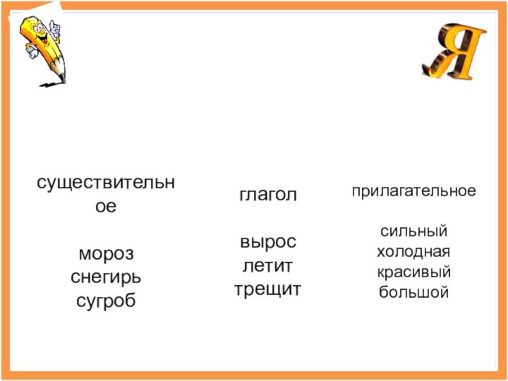 существительноеморозснегирьсугробглаголвырослетиттрещитприлагательноесильныйхолоднаякрасивыйбольшой