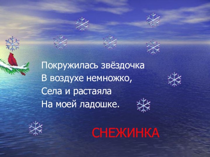 СНЕЖИНКАПокружилась звёздочкаВ воздухе немножко,Села и растаялаНа моей ладошке.