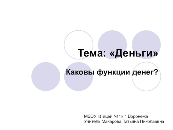 Тема: «Деньги»Каковы функции денег?МБОУ «Лицей №1» г. ВоронежаУчитель Макарова Татьяна Николаевна