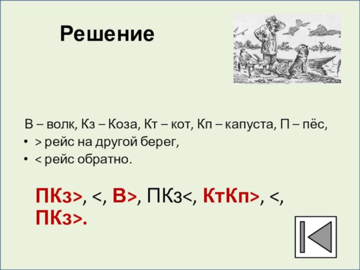 Решение В – волк, Кз – Коза, Кт – кот, Кп – капуста,