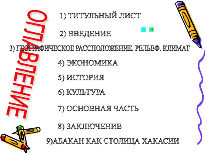 1) ТИТУЛЬНЫЙ ЛИСТ 2) ВВЕДЕНИЕ 4) ЭКОНОМИКА 5) ИСТОРИЯ 6) КУЛЬТУРА 7)