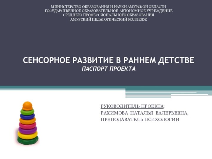 СЕНСОРНОЕ РАЗВИТИЕ В РАННЕМ ДЕТСТВЕ паспорт проектаРУКОВОДИТЕЛЬ ПРОЕКТА: РАХИМОВА НАТАЛЬЯ ВАЛЕРЬЕВНА,