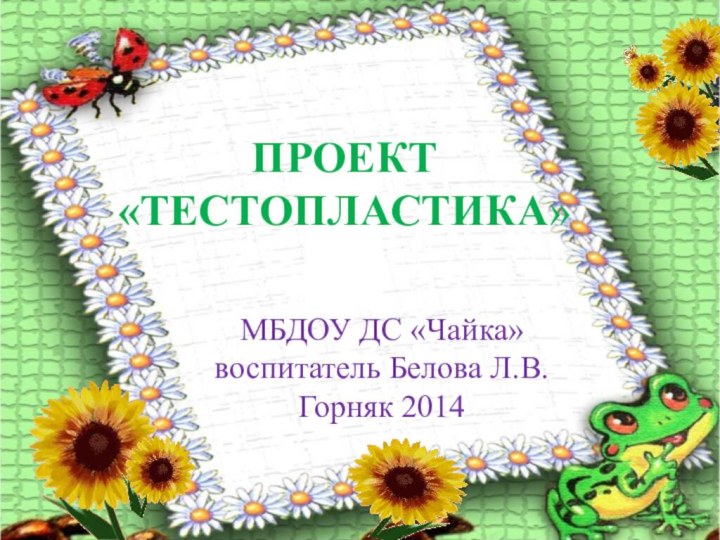 ПРОЕКТ «ТЕСТОПЛАСТИКА»МБДОУ ДС «Чайка» воспитатель Белова Л.В.  Горняк 2014