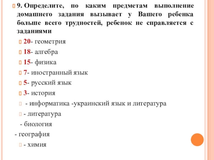 9. Определите, по каким предметам выполнение домашнего задания вызывает у Вашего ребенка больше