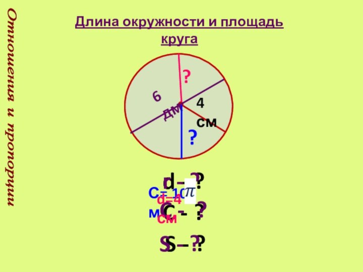 Отношения и пропорцииДлина окружности и площадь круга4 смС= 10  мd -