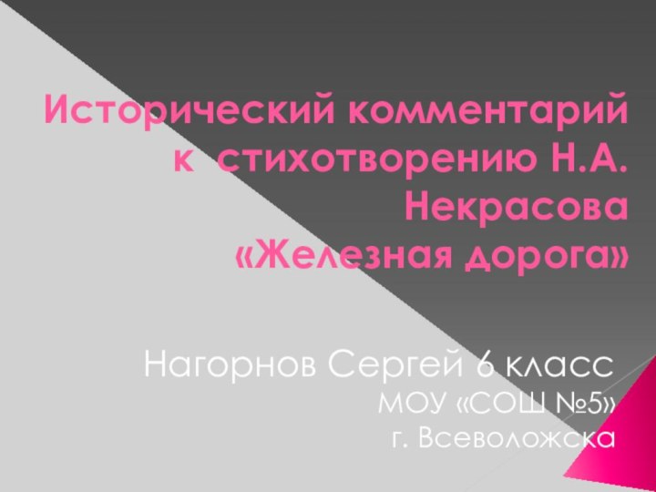 Исторический комментарий к стихотворению Н.А.Некрасова  «Железная дорога» Нагорнов Сергей 6 классМОУ «СОШ №5» г. Всеволожска