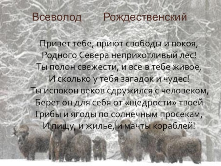 Всеволод    РождественскийПривет тебе, приют свободы и покоя,Родного Севера неприхотливый