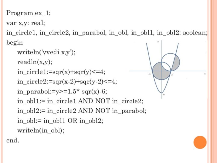 Program ex_1;var x,y: real;in_circle1, in_circle2, in_parabol, in_obl, in_obl1, in_obl2: вoolean;begin	writeln(‘vvedi x,y’);	readln(x,y); 	in_circle1:=sqr(x)+sqr(y)