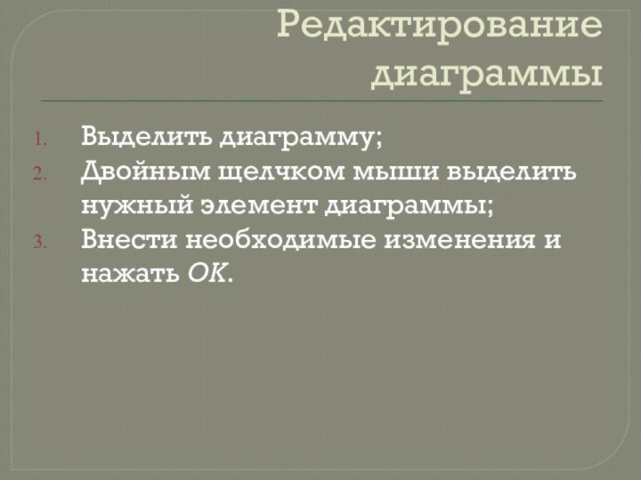 Редактирование диаграммыВыделить диаграмму;Двойным щелчком мыши выделить нужный элемент диаграммы;Внести необходимые изменения и нажать OK.