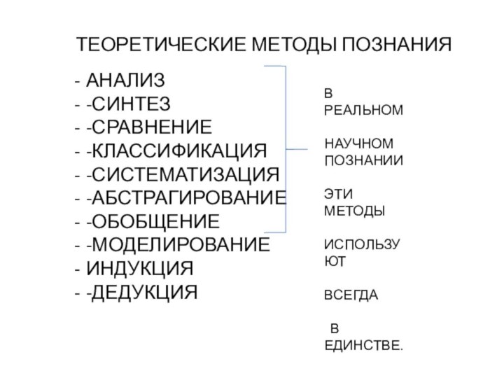 ТЕОРЕТИЧЕСКИЕ МЕТОДЫ ПОЗНАНИЯАНАЛИЗ-СИНТЕЗ-СРАВНЕНИЕ-КЛАССИФИКАЦИЯ-СИСТЕМАТИЗАЦИЯ-АБСТРАГИРОВАНИЕ-ОБОБЩЕНИЕ-МОДЕЛИРОВАНИЕИНДУКЦИЯ-ДЕДУКЦИЯВ РЕАЛЬНОМ НАУЧНОМ ПОЗНАНИИ ЭТИ МЕТОДЫ ИСПОЛЬЗУЮТ ВСЕГДА В ЕДИНСТВЕ.