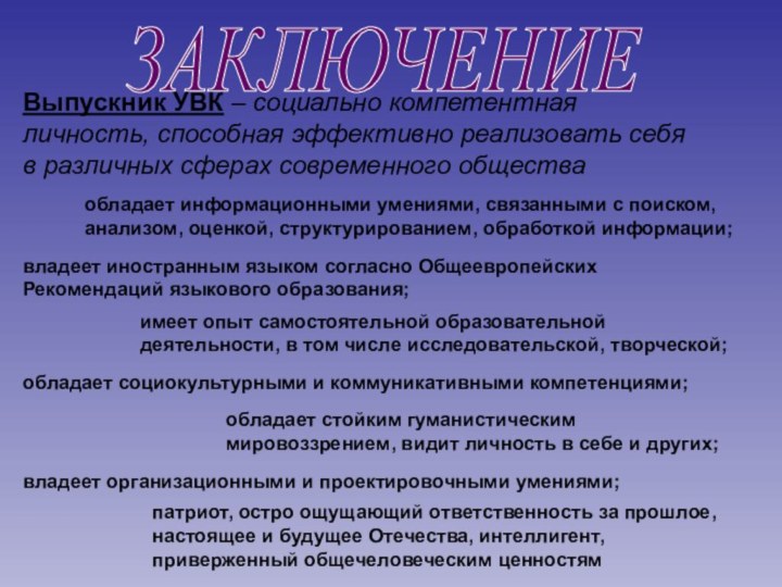 ЗАКЛЮЧЕНИЕ Выпускник УВК – социально компетентная личность, способная эффективно реализовать себя в