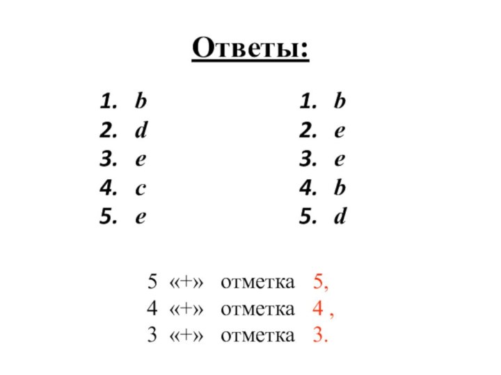 Ответы:bdecebeebd 5 «+»  отметка  5,  4 «+»  отметка