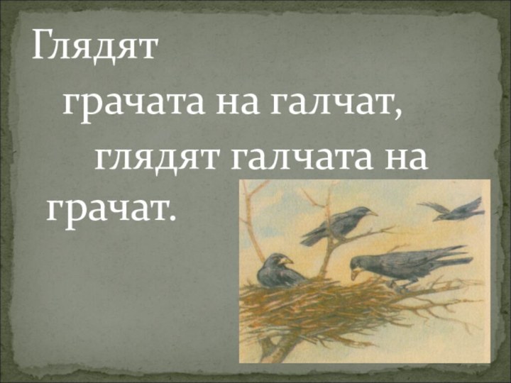 Глядят  грачата на галчат,   глядят галчата на грачат.