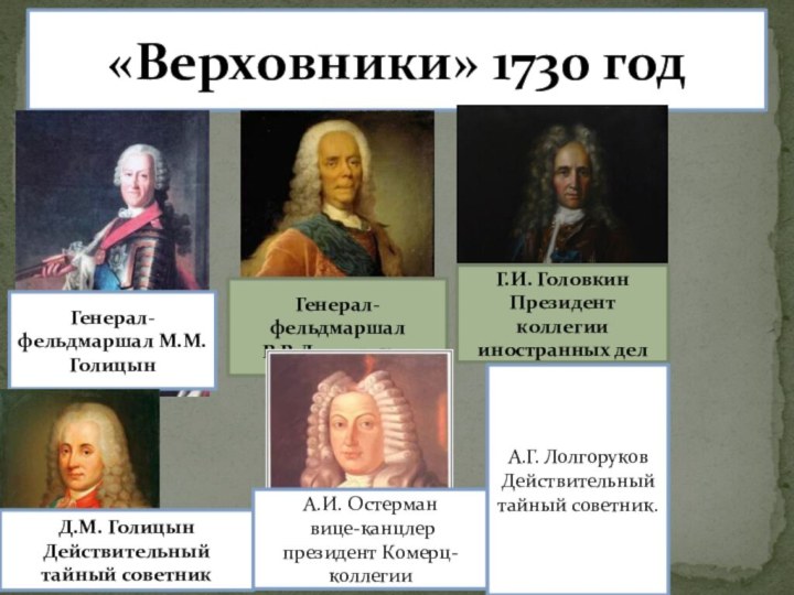 «Верховники» 1730 годГенерал-фельдмаршал М.М.Голицын Генерал-фельдмаршалВ.В.ДолгоруковГ.И. ГоловкинПрезидент коллегии иностранных делД.М. ГолицынДействительный тайный советникА.И.