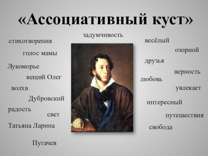 «Ассоциативный куст»стихотворенияголос мамыЛукоморьевещий ОлегволхвДубровскийрадостьсветвесёлыйозорнойдрузьяверностьлюбовьин­тересныйувлекаетзадумчивостьсвободапутешествияТатьяна ЛаринаПугачев