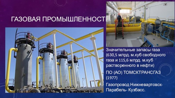 Газовая промышленностьЗначительные запасы газа (630,5 млрд. м.куб свободного газа и 115,6 млрд.