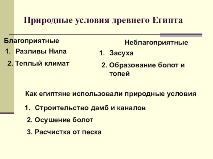 Природные условия древнего ЕгиптаБлагоприятныеНеблагоприятныеРазливы Нила2. Теплый климатЗасуха2. Образование болот и топейКак египтяне