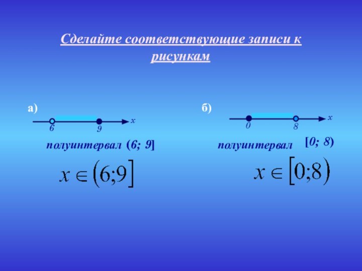 Сделайте соответствующие записи к рисункамполуинтервалполуинтервал(6; 9] [0; 8) а)б)