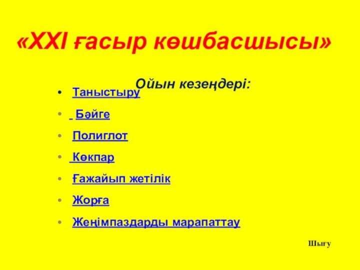 Ойын кезеңдері: Таныстыру Бәйге Полиглот Көкпар Ғажайып жетілік Жорға Жеңімпаздарды марапаттауШығу«ХХІ ғасыр көшбасшысы»