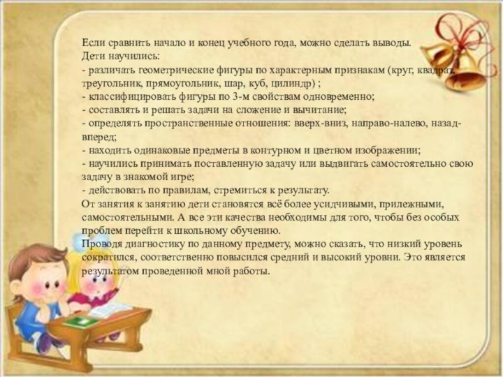 Если сравнить начало и конец учебного года, можно сделать выводы. Дети научились:-