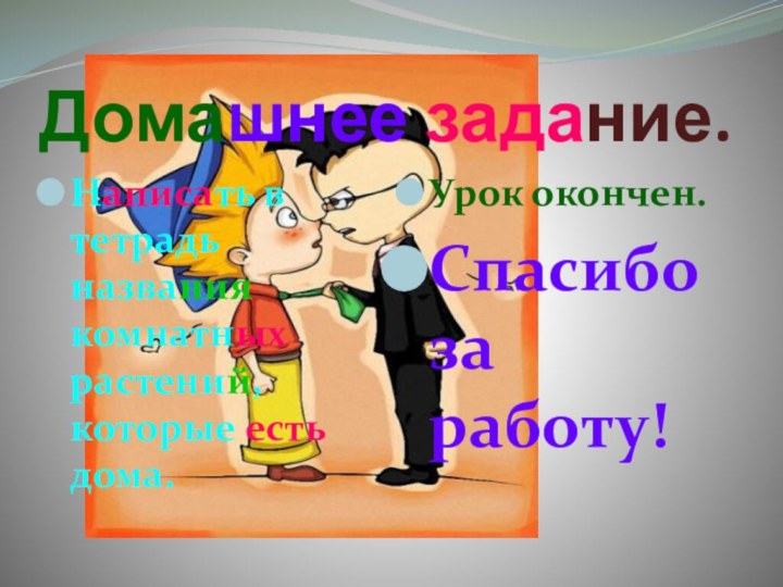 Домашнее задание.Написать в тетрадь названия комнатных растений, которые есть дома.Урок окончен.Спасибо за работу!