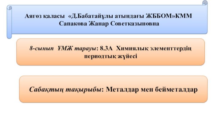 Аягөз қаласы «Д.Бабатайұлы атындағы ЖББОМ»КММ Сапакова Жанар Советказыновна8-сынып ҰМЖ тарауы: 8.3А Химиялық