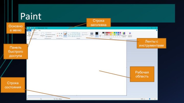 PaintОсновное менюПанель быстрого доступаСтрока заголовкаЛенты с инструментамиРабочая областьСтрока состояния