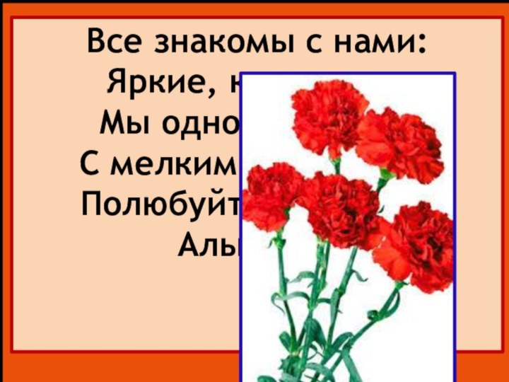 Все знакомы с нами: Яркие, как пламя, Мы однофамильцы С мелкими гвоздями.