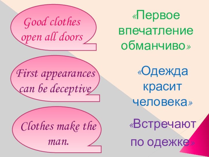 «Первое впечатление обманчиво» «Встречают по одежке»Clothes make the man. «Одежда красит человека»Good clothes