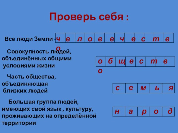 Проверь себя : Все люди Земли - ч  е  л