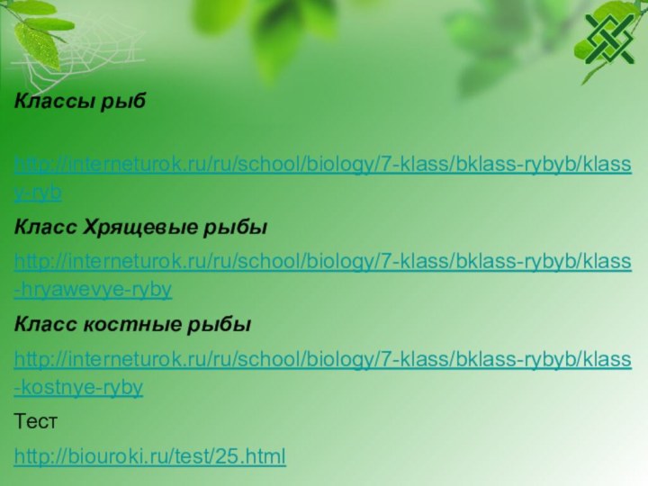 Классы рыб http://interneturok.ru/ru/school/biology/7-klass/bklass-rybyb/klassy-ryb Класс Хрящевые рыбыhttp://interneturok.ru/ru/school/biology/7-klass/bklass-rybyb/klass-hryawevye-ryby Класс костные рыбыhttp://interneturok.ru/ru/school/biology/7-klass/bklass-rybyb/klass-kostnye-ryby Тестhttp://biouroki.ru/test/25.html  