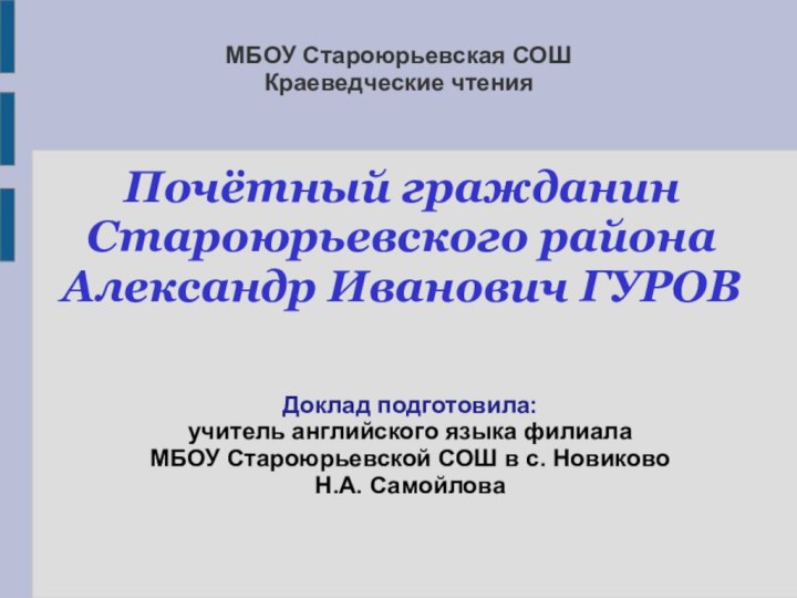 Почётный гражданин Староюрьевского района Александр Иванович ГУРОВДоклад подготовила: учитель английского языка филиала