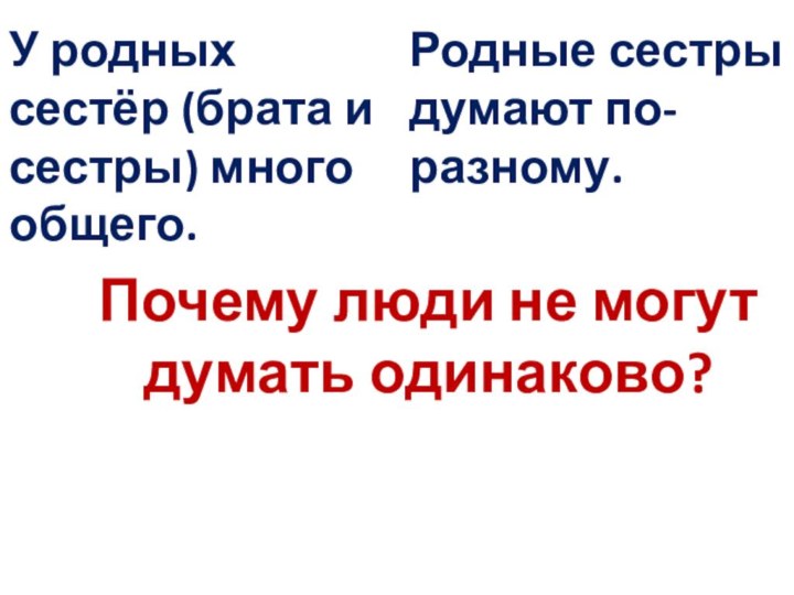 У родных сестёр (брата и сестры) много общего.Родные сестры думают по-разному.Почему люди не могут думать одинаково?