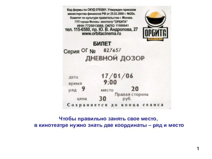 Чтобы правильно занять свое место,  в кинотеатре нужно знать две координаты – ряд и место