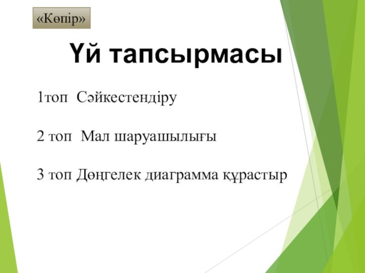 1топ Сәйкестендіру  2 топ Мал шаруашылығы 3 топ Дөңгелек диаграмма құрастырҮй тапсырмасы«Көпір»