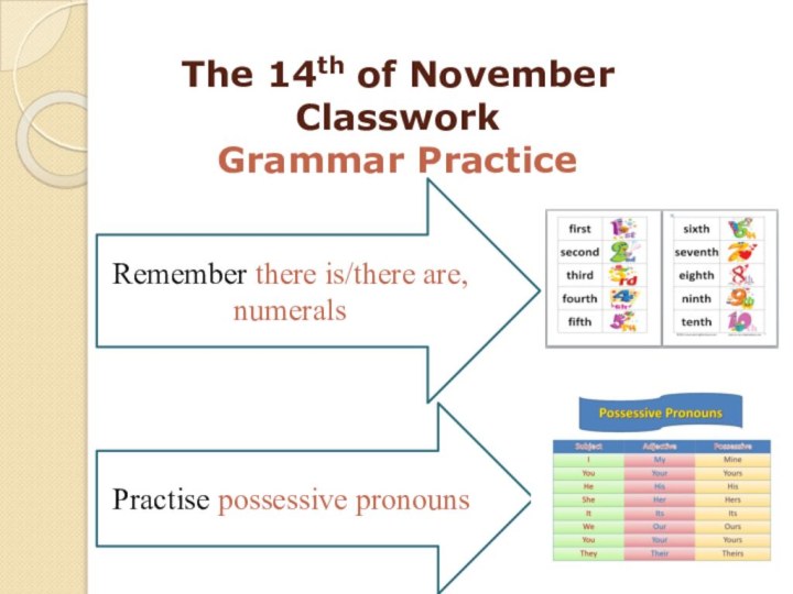 The 14th of November Classwork Grammar PracticeRemember there is/there are, numeralsPractise possessive pronouns