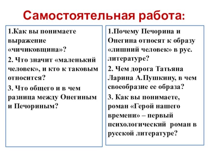 Самостоятельная работа:1.Как вы понимаете выражение «чичиковщина»?2. Что значит «маленький человек», и кто