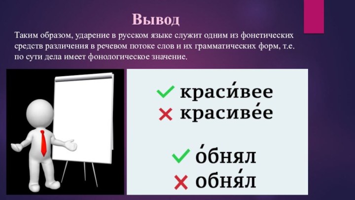 ВыводТаким образом, ударение в русском языке служит одним из фонетических средств различения