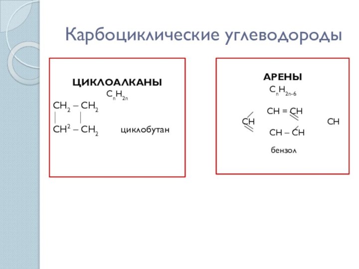 Карбоциклические углеводородыЦИКЛОАЛКАНЫCnH2n СН2 – СН2  СН2 – СН2    циклобутанАРЕНЫCnH2n-6