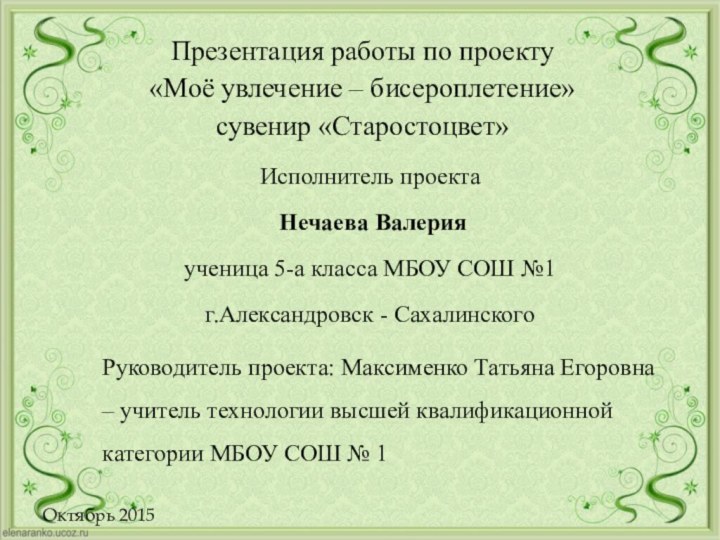 Исполнитель проекта Нечаева Валерия ученица 5-а класса МБОУ СОШ №1 г.Александровск -