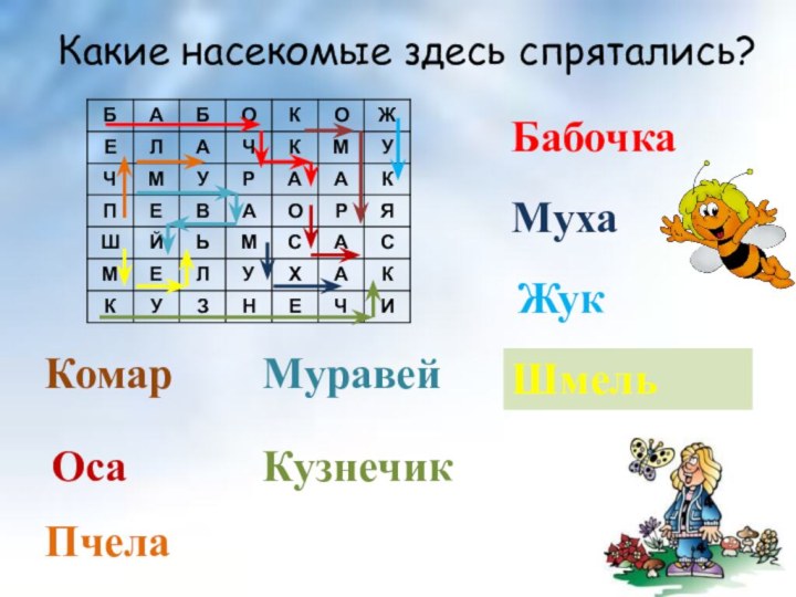 Какие насекомые здесь спрятались?БабочкаМухаЖукШмельКузнечикМуравейОсаКомарПчела