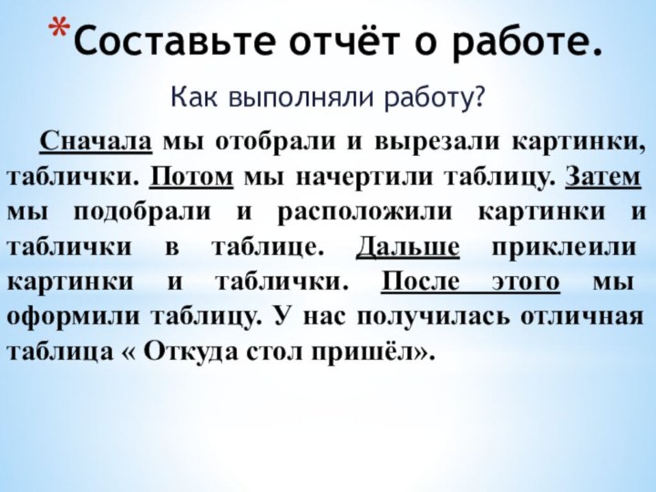 Составьте отчёт о работе.Как выполняли работу?	Сначала мы отобрали и вырезали картинки, таблички.