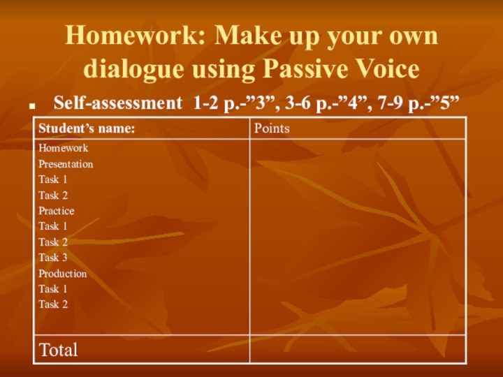 Homework: Make up your own dialogue using Passive Voice Self-assessment 1-2 p.-”3”, 3-6 p.-”4”, 7-9 p.-”5”