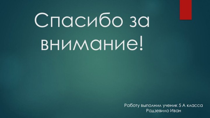 Спасибо за внимание!   Работу выполнил ученик 5 А класса Радзевило Иван