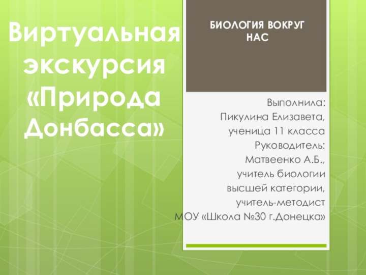 Виртуальная экскурсия «Природа Донбасса»Выполнила:Пикулина Елизавета,ученица 11 классаРуководитель:Матвеенко А.Б., учитель