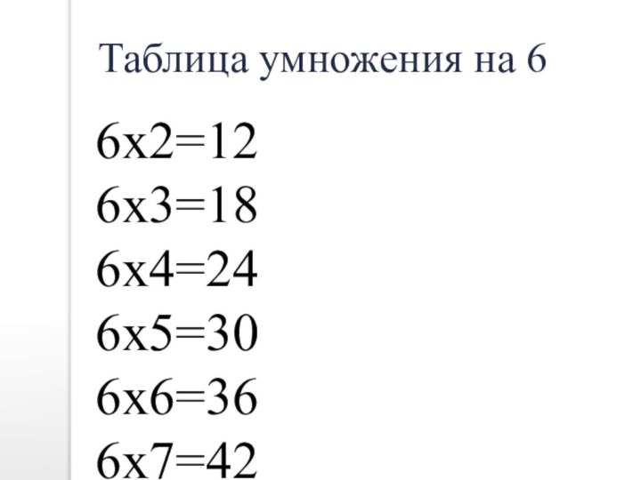 6х2=126х3=186х4=246х5=306х6=366х7=426х8=486х9=54Таблица умножения на 6